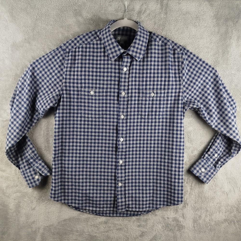 Ash & Erie Shirt Mens Medium Blue Gray‎ Plaid Flannel Slim Fit Button Up Casual